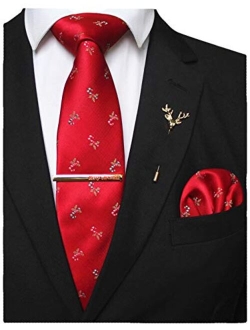 JEMYGINS Festival Christmas Tie and Pocket Square with Tie Clip and lapel pin Set