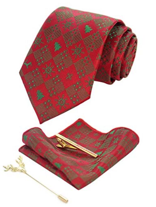 JEMYGINS Festival Christmas Tie and Pocket Square with Tie Clip and lapel pin Set