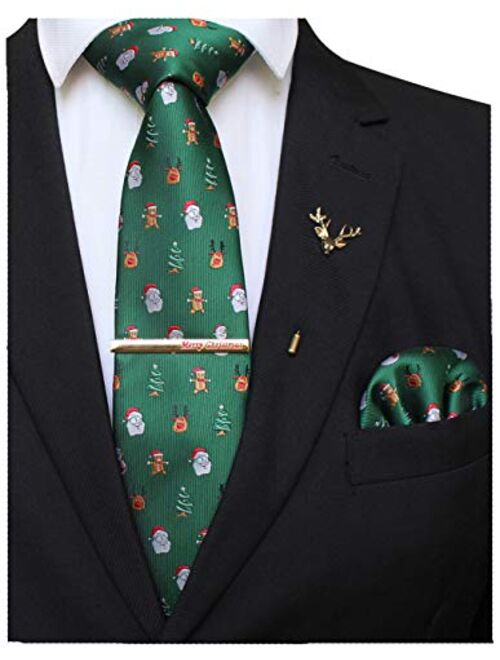 JEMYGINS Festival Christmas Tie and Pocket Square with Tie Clip and lapel pin Set