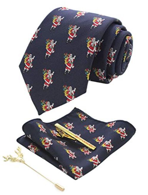 JEMYGINS Festival Christmas Tie and Pocket Square with Tie Clip and lapel pin Set