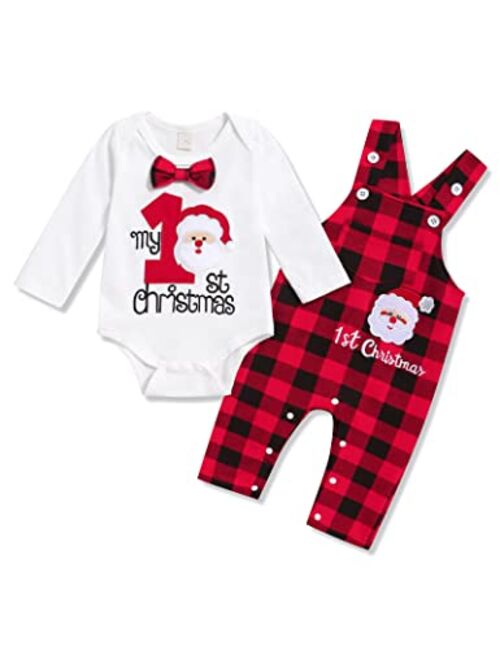 Xuuly My First Christmas Baby Boy Girl Clothes 2PCs Outfit Set Santa Claus Christmas Overalls Clothing Set