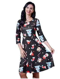 KoJooin Women's Ugly Christmas Printed Dress Round Neck 3/4 Sleeve Xmas Vintage Party Dresses Holiday Clothes