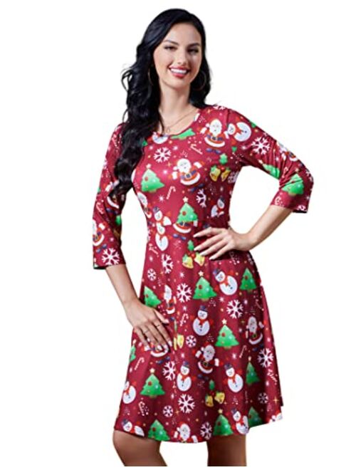 KoJooin Women's Ugly Christmas Printed Dress Round Neck 3/4 Sleeve Xmas Vintage Party Dresses Holiday Clothes