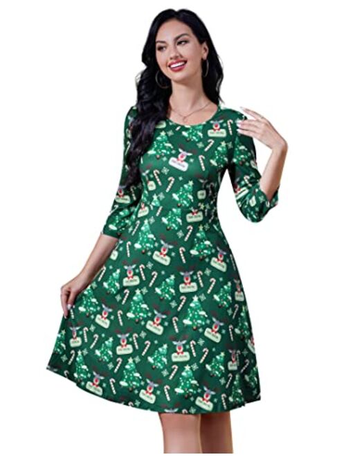 KoJooin Women's Ugly Christmas Printed Dress Round Neck 3/4 Sleeve Xmas Vintage Party Dresses Holiday Clothes