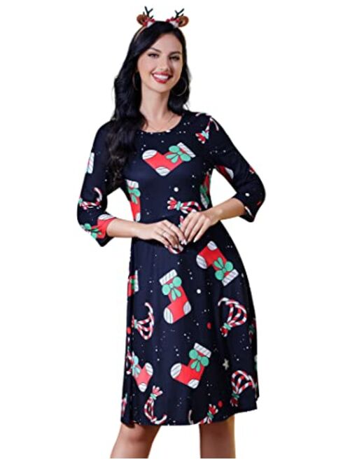 KoJooin Women's Ugly Christmas Printed Dress Round Neck 3/4 Sleeve Xmas Vintage Party Dresses Holiday Clothes