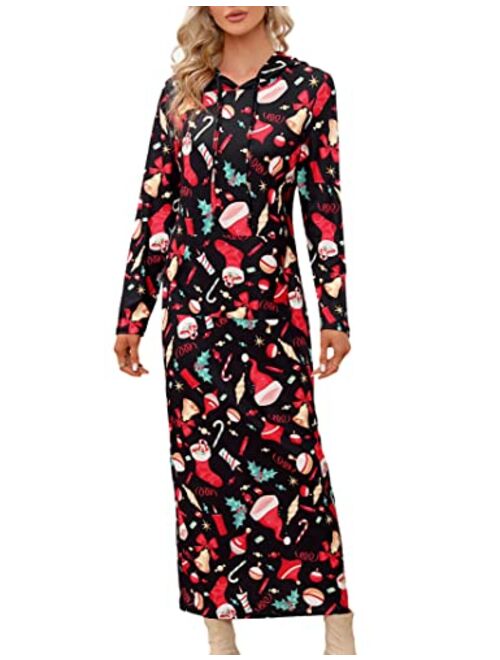 MISSKY Christmas Dresses for Women Long Sleeve Pullover Maxi Hoodie Dress Casual Christmas Print Hooded Dress with Pockets