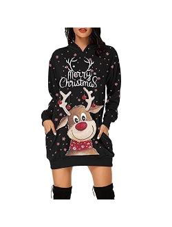 Ymuqeigh Womens Christmas Dresses Elk Print Sweatshirt Dresses Casual Long Sleece Hoodie Dress Holiday Xmas Dress with Pocket