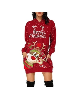 Ymuqeigh Womens Christmas Dresses Elk Print Sweatshirt Dresses Casual Long Sleece Hoodie Dress Holiday Xmas Dress with Pocket