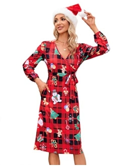 MISSKY Women's Cross V-Neck Slim Knee Length Swing Elegant Casual Christmas Printed Dress