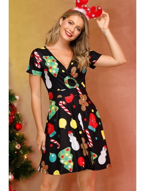 For G and PL Women's Christmas Short Sleeves V Neck Wrap Dress