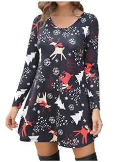 Aphratti Women's Long Sleeve Casual Santa Christmas Print Flare Swing Dress