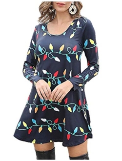 Aphratti Women's Long Sleeve Casual Santa Christmas Print Flare Swing Dress