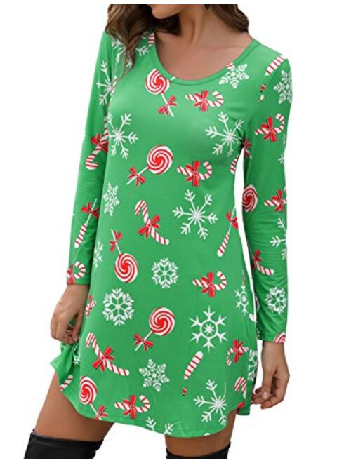 Aphratti Women's Long Sleeve Casual Santa Christmas Print Flare Swing Dress