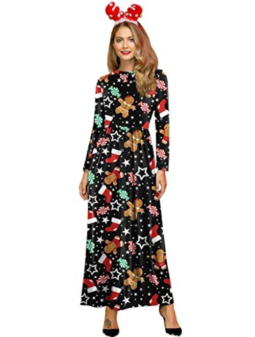 For G and PL Women Christmas Long Sleeve Printed Maxi Dress