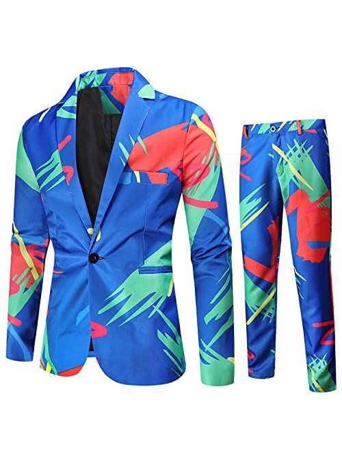 Nzwiluns Men's 2 Piece Suit Set Fashion Floral Print One Button Slim Fit Suit Jacket and Pants for Wedding Party Dinner Prom