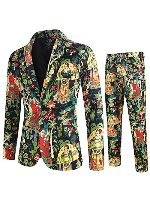 Nzwiluns Men's 2 Piece Suit Set Fashion Floral Print One Button Slim Fit Suit Jacket and Pants for Wedding Party Dinner Prom