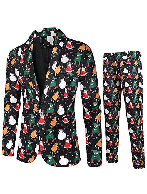 Generic Men's Slim Fit 2 Piece Christmas Suit One Button Xmas Snowman Printed Business Wedding Prom Tuxedo Blazer Pants Set