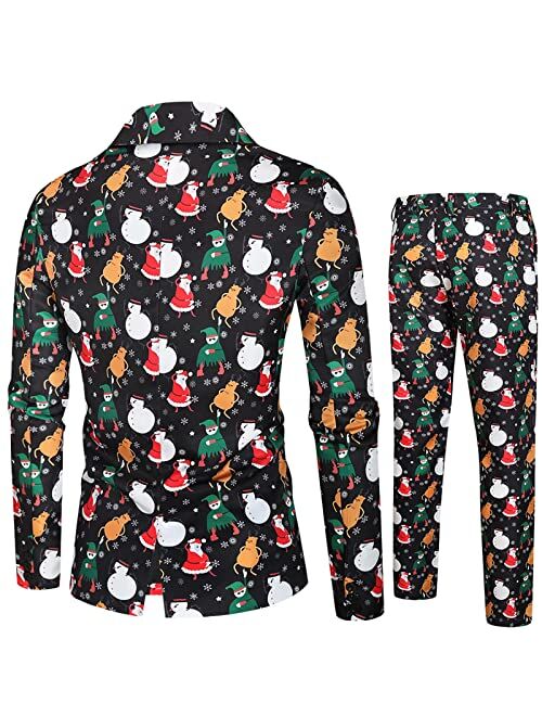 Generic Men's Slim Fit 2 Piece Christmas Suit One Button Xmas Snowman Printed Business Wedding Prom Tuxedo Blazer Pants Set