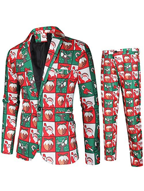 Generic Men's Slim Fit 2 Piece Christmas Suit One Button Xmas Snowman Printed Business Wedding Prom Tuxedo Blazer Pants Set