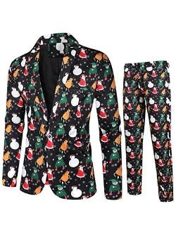 Generic 2PCS Christmas Suits for Mens, Xmas Santa Claus Snowman Print Single Breasted Blazer Trousers Suit Pants Sets