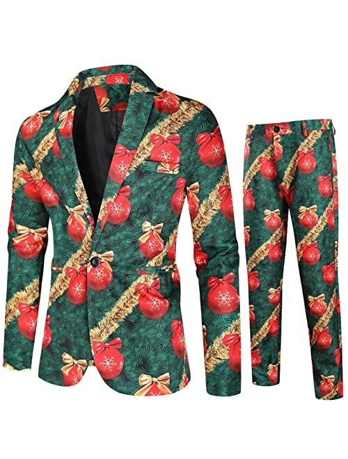 Generic 2PCS Christmas Suits for Mens, Xmas Santa Claus Snowman Print Single Breasted Blazer Trousers Suit Pants Sets