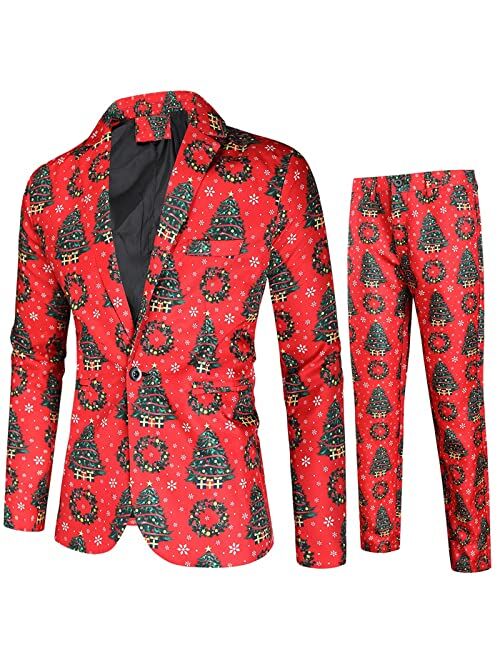 Generic Funny Mens Christmas Print 2-Piece Blazer Holiday Suit, Casual Slim Fit One Button Tuxedo Suit Jacket and Pants Set