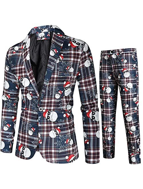 Generic Funny Mens Christmas Print 2-Piece Blazer Holiday Suit, Casual Slim Fit One Button Tuxedo Suit Jacket and Pants Set