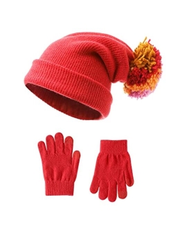 Saniripple WinterHat&GlovesSetforKidsKnittedWarmBeanieHatwithPomPom-SoftandThickHats&GlovesSetforGirlsBoys
