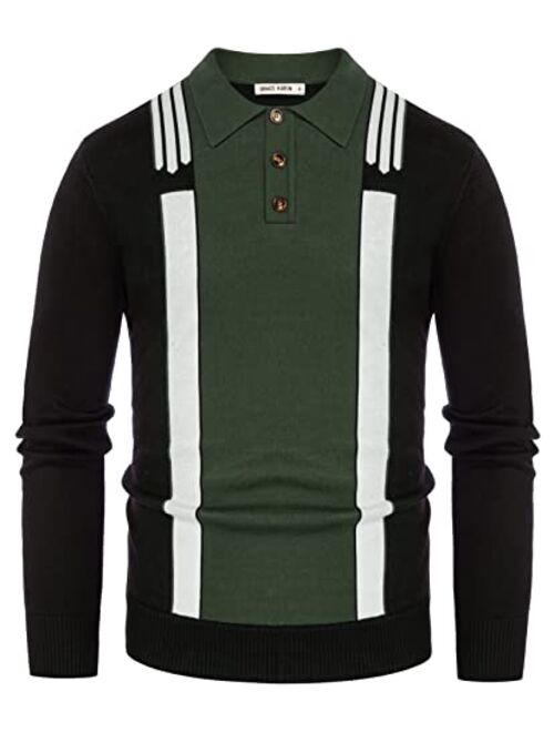 GRACE KARIN Men's Polo Vintage Stripe Sweater Slim Fit Button Pullover Sweater