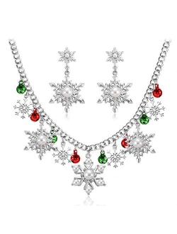 NLCAC Christmas Necklace Colorful Sparkly Rhinestone Pearl Snowflake Charm Collar Necklace Earrings Set Novelty Santa Jewelry for Women Girls