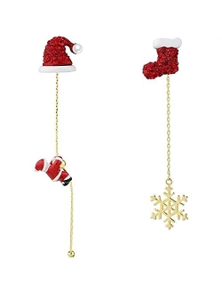 Gold Plated Snowflake Santa Claus Threader Tassel Earrings for Women Girls Sterling Silver Pins Red Crystal Cubic Zriconia Sock Christmas Hat Dangle Drop Christmas