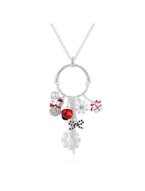 Rarelove Cute Christmas Sweater Long Tassel Circle Pendant Necklace For Women Silver Plated CZ Crystal Rhinestone Jingle Bell Snowflake Snowman Bow Holiday For Her