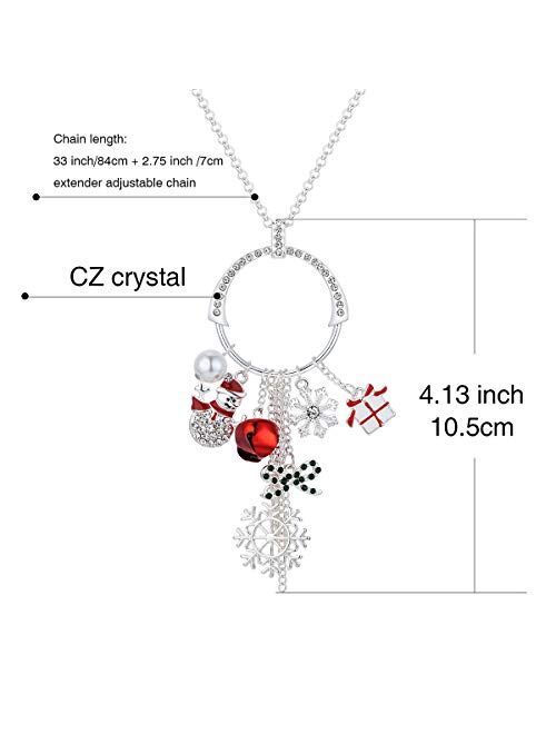 Rarelove Cute Christmas Sweater Long Tassel Circle Pendant Necklace For Women Silver Plated CZ Crystal Rhinestone Jingle Bell Snowflake Snowman Bow Holiday For Her