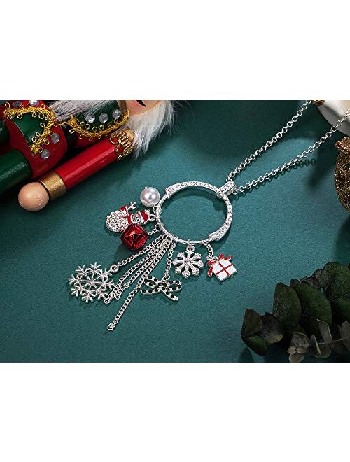 Rarelove Cute Christmas Sweater Long Tassel Circle Pendant Necklace For Women Silver Plated CZ Crystal Rhinestone Jingle Bell Snowflake Snowman Bow Holiday For Her