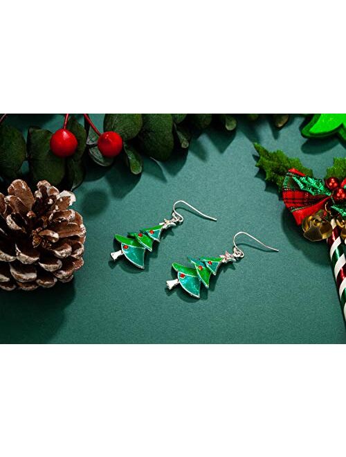 RareLove Green Christmas Tree with Star Red Rhinestone Pierced Dangle Earrings CZ Crystal Silver Plated Alloy Holiday For Women Girls