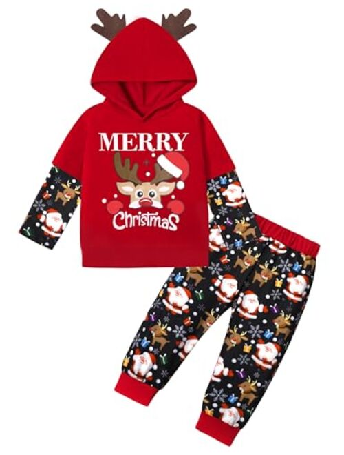 Agapeng Baby Boy Christmas Outfit Toddler Boy Hoodie Sweatsuit Merry Christmas Sweatshirt Pants 2PCS Fall Winter Outfits Set