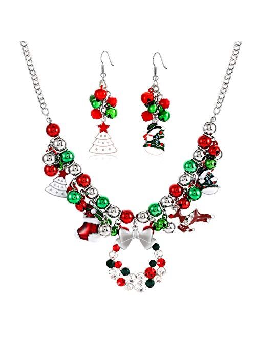 Faerliiry Christmas Jingle Bell Necklace Set X-mas Crystal Pendant Necklace Bell Beaded Earrings Festival Holiday Jewelry Set For Women Girls Kids