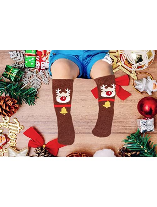 Marjunsep Kids Christmas Fuzzy Knee High Socks Gifts Toddler Calf Cozy Fluffy Plush Long Tall Boot Socks Stocking Stuffers 1-7 Years 6 Pairs