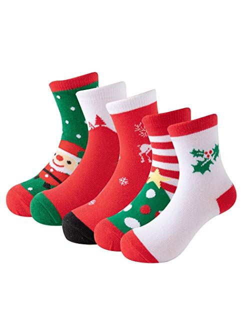 Yvinak 5 Pairs Christmas Socks Kids Warm Socks Children Santa Claus Boys Girls Toddler Winter Autumn Socks