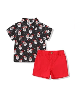 JEELLIGULAR Kids Toddler Baby Boy Christmas Clothes Santa Print Button Down Shirt Shorts Set Gentlemen Outfits