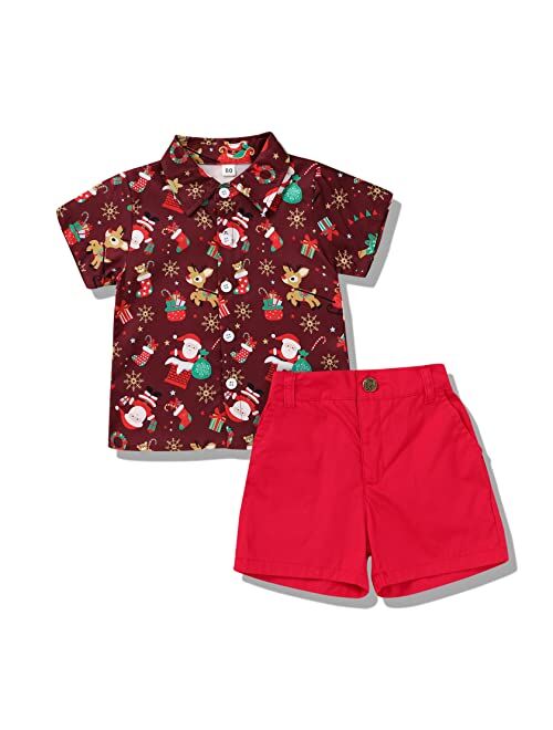 JEELLIGULAR Kids Toddler Baby Boy Christmas Clothes Santa Print Button Down Shirt Shorts Set Gentlemen Outfits