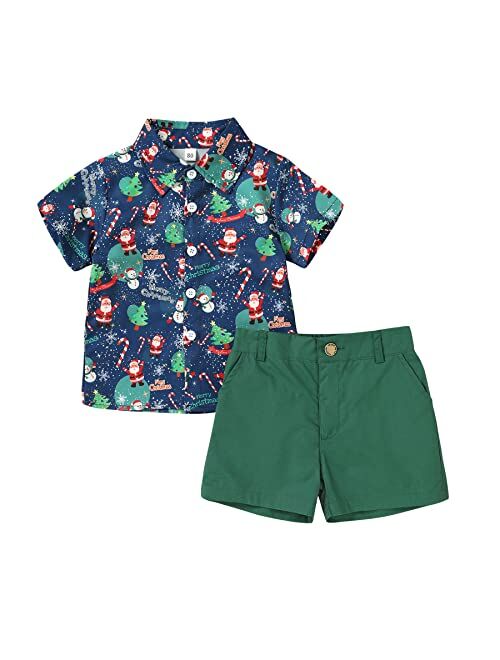 JEELLIGULAR Kids Toddler Baby Boy Christmas Clothes Santa Print Button Down Shirt Shorts Set Gentlemen Outfits