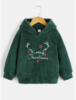 Toddler Boys Christmas Slogan & Elk Embroidery Teddy Hoodie