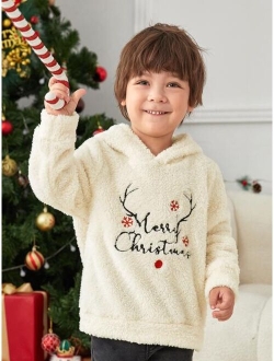 Toddler Boys Christmas Slogan & Elk Embroidery Teddy Hoodie