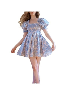 Yuemengxuan Women French Princess Dress Bubble Sleeve Puff Dress Floral Printing Ruffle Hem Summer Dress Party Prom