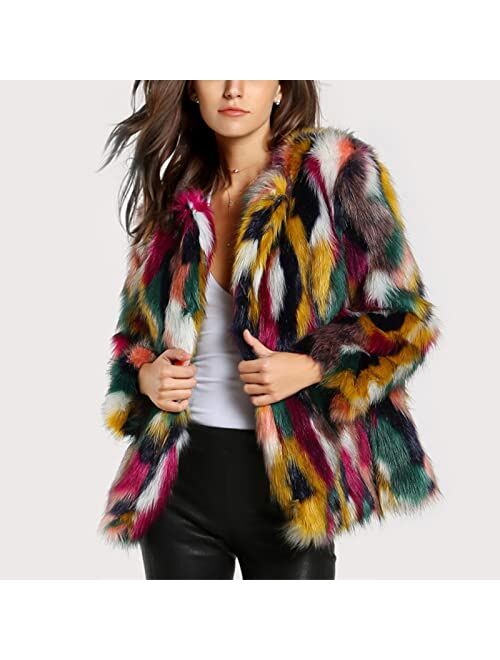 Gihuo Womens Multicolor Faux Fur Coat Winter Warm Gradient Color Outwear Jacket