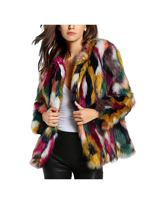 Gihuo Womens Multicolor Faux Fur Coat Winter Warm Gradient Color Outwear Jacket