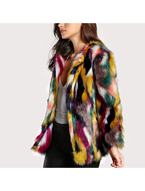 Gihuo Womens Multicolor Faux Fur Coat Winter Warm Gradient Color Outwear Jacket