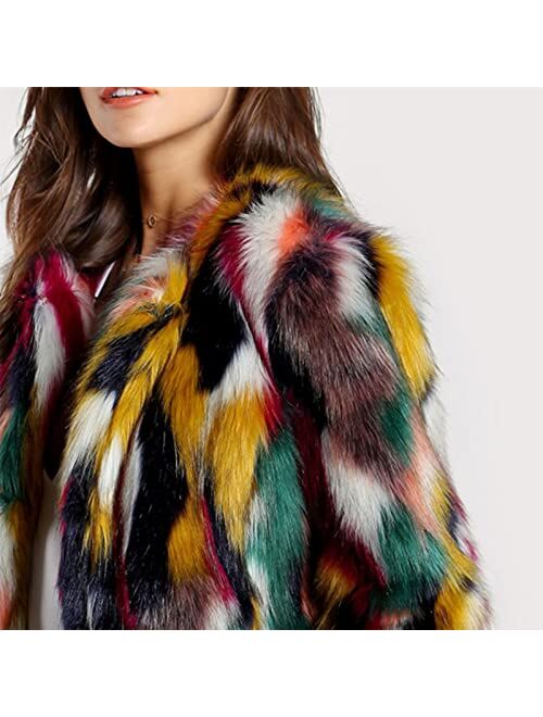 Gihuo Womens Multicolor Faux Fur Coat Winter Warm Gradient Color Outwear Jacket