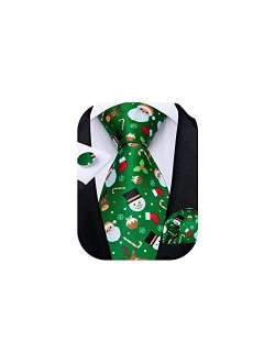 DiBanGu Christmas Ties for Men Holiday Theme Mens Tie and Pocket Square Cufflinks Set Silk Necktie